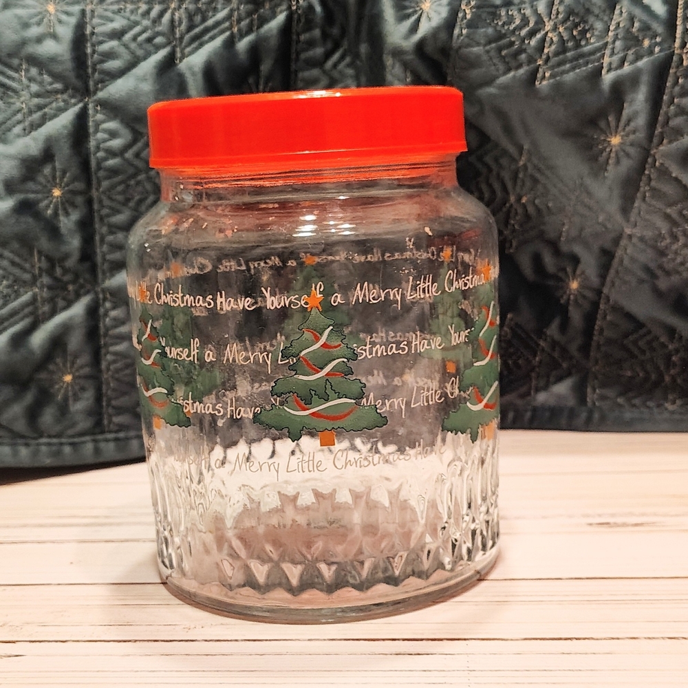 Vintage KIG Christmas Tree Glass Canister With Red Lid. Indonesia